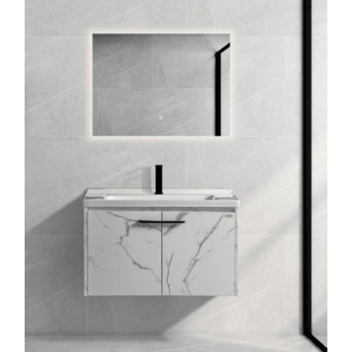 Bathroom Wooden Washbasin 60×47×46 cm Marbled White with Ceramic Basin & LED Mirror | Algafary Sanitary ware