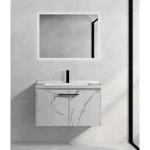 Bathroom Wooden Washbasin With Ceramic Basin and LED Mirror, Dimensions 60×47×46 cm, Marbled white Color