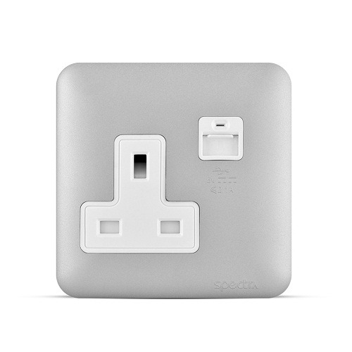 13 Amp 1 Gang Socket with USB 2.1A, Light Silver, 7x7 cm | SPECTRA