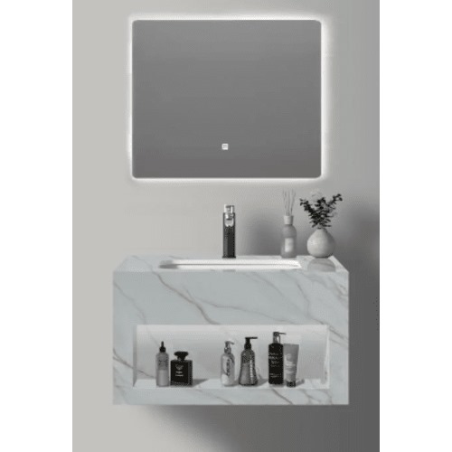 Artificial Marble Sink 80 cm Ceramic Single Basin with 3 Color LED Mirrors, Marbled Golden White | Al Muhaidib Sanitary and Ceramic