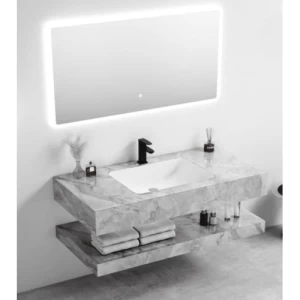 Single Basin Artificial Marble 60×50 cm Light Gray with LED Mirrors | Albayt Alaniq Sanitary Tools