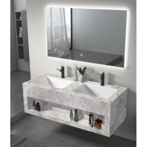 Artificial Marble Decorative Sink Two Basins 120 cm Marbled Gray with 3 Color LED Mirrors | Al Muhaidib Sanitary and Ceramic