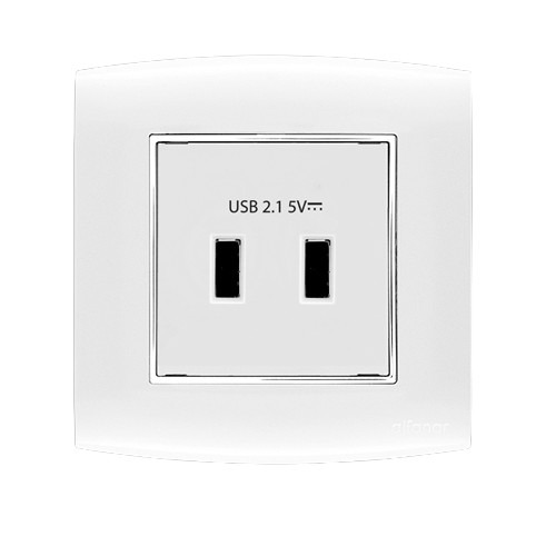 فيش شاحن USB مزدوج 2.1 أمبير 7x7 سم أبيض بحلقة كروم | شركة الفنار