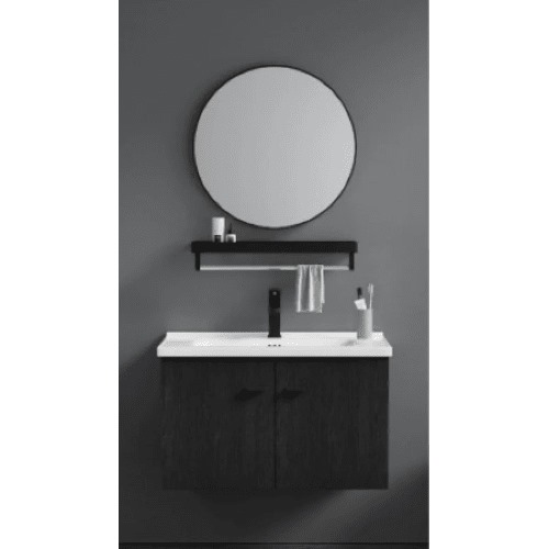 Ceramic Hand Washbasin 60 cm with Wooden Cabinet, Circular Mirror, Shelf Dark Gray | Al Muhaidib Sanitary and Ceramic
