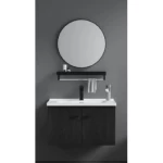 Ceramic Hand Washbasin Size 60 cm With Wooden Cabinet and With a circular mirror and a shelf Dark Gray Color  