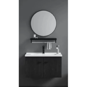 Ceramic Hand Washbasin 60 cm with Wooden Cabinet, Circular Mirror, Shelf Dark Gray | Al Muhaidib Sanitary and Ceramic