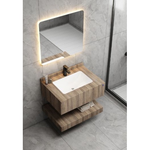 Artificial Marble Bath Washbasin 80 cm, Laser Basin with LED Mirror, Wooden Color | Algafary Sanitary ware
