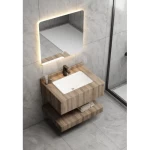 Artificial Marble Bath Washbasin Size 80 cm, Laser Basin with LED Mirror, Wooden Color