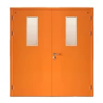 Fire door SFFECO   stainless steel with a rectangular glass window Model SF/DD  Double Door leaf size  1900×1950    mm  Color Orange