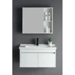 Ceramic Hand Washbasin With Wooden Cabinet White Wooden Color and Mirror With Pharmacy, Size 80 cm  