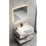 Artificial Marble Washbasin Size 80 cm, Laser Basin with LED Mirror, White and Brown