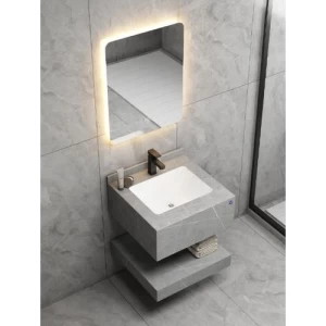 Single Basin Artificial Marble Bathroom 60 cm, Leaden With White Veins, LED Mirror | Algafary Sanitary ware