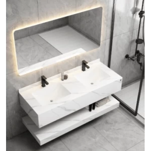Artificial Marble Bathroom Washbasin 150 cm, Laser Double Basin with LED Mirror, White with Lead Veins | Algafary Sanitary ware