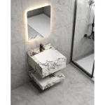  Artificial Marble Washbasin Size 60 cm, Laser Basin with LED Mirror, White and Brown Color