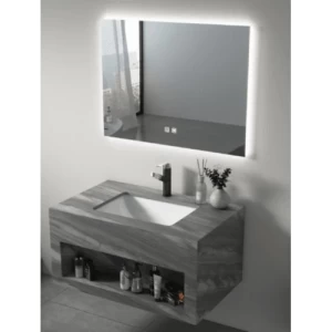 Modern Artificial Marble Wash Basin 80×50 cm Dark Gray with LED Mirrors and Shelf | Albayt Alaniq Sanitary Tools