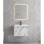 Wooden Single Basin Bathroom Wash Basin With LED Mirrors, Marbled White Color, Size 60×48×45 cm