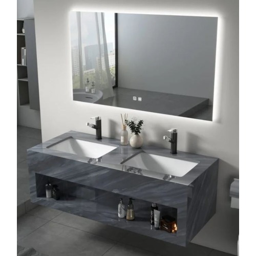 Double Basin Artificial Marble Wash Basin 120×50 cm, Dark Grey with LED Mirror | Albayt Alaniq Sanitary Tools
