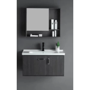 Wash Basin with Wooden Cabinet and Pharmacy Mirror, Size 80 cm, Dark Grey | Al Muhaidib Sanitary and Ceramic