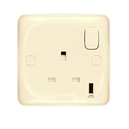 Electrical Switch Socket with USB Charger 13 Amp 7x7 cm Beige | Al Fanar