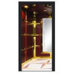 كابينة مصعد PVC، مرآة طويلة، زوايا ذهبية، وأرضية هندسية التصميم