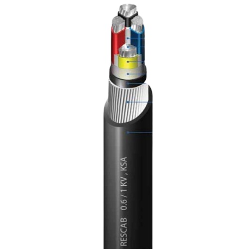 كابل نحاس مجدول 4 خطوط 4 ملي، 0.6/1 ك.ف، مدرع SWA، عزل XLPE، غلاف PVC، طول 1000 متر | RESCAB