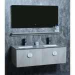 Wooden Double Bowl Washbasin With Marble Undermount Basin, LED Mirror And Shelf, Size 120 cm, Grey Color