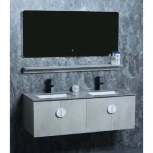 Wooden Double Bowl Washbasin 120 cm, Grey Color with Marble Undermount Basin, LED Mirror & Shelf | Al Muhaidib Sanitary and Ceramic