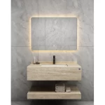 مغسلة حمام رخام صناعي حوض واحد 80 سم، حوض عادي مع مرايا ليد، بيج