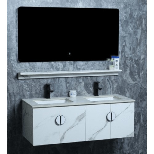 Wooden Hand Washbasin Double Bowl Marble Undermount Basin, LED Mirror, Shelf 120 cm White | Al Muhaidib Sanitary and Ceramic