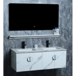 Wooden Hand washbasin Double Bowl With Marble Undermount Basin, LED Mirror And Shelf, Size 120 cm, White Color
