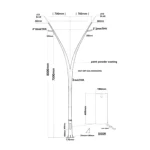 Double arm aluminum lighting pole, length 8 m, thickness 3 mm base 1000 mm