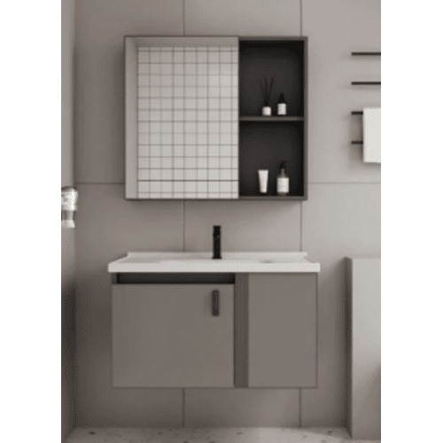 Aluminum Wall Hung Wash Basin 80×47 cm with Mirrored Medicine Cabinet, Grey | Al Muhaidib Sanitary and Ceramic