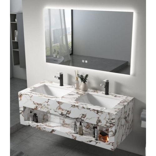 Morden Double Basin Artificial Marble Wash Basin 120×50 cm White With Golden Veins | Albayt Alaniq Sanitary Tools