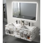 Morden Double Basin Artificial Marble Wash Basin, Size 120×50 cm with LED Mirror, White With Golden Veins Color