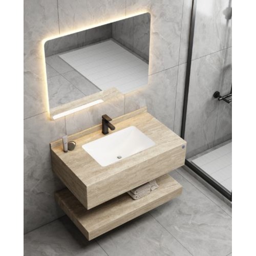 Single Basin Artificial Marble Bathroom 100 cm, Laser Basin with LED Mirror Beige | Algafary Sanitary ware