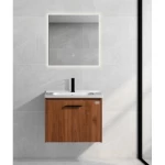 Bathroom Wooden Washbasin, Dimensions 60×47×46 cm, Walnut Veneer Color, With Ceramic Basin and LED Mirror