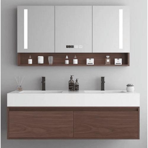 Marble Surface Ceramic Decorative 2 Wash Basin 120 cm, Dark Wood Color with Wooden Cabinet | Al Muhaidib Sanitary and Ceramic