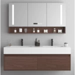 Marble Surface Ceramic Decorative 2 Wash basin Size 120 cm, Dark wood Color with Wooden Cabinet