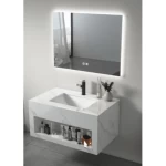Modern Artificial Marble Decorative Wash Basin, Size 60 cm, Marbled white Color, With LED Mirrors and Shelf
