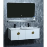 Wooden Bath Washbasin Double Bowl With Marble Undermount Basin, LED Mirror And Shelf, Size 120 cm, White