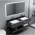 Artificial Marble Bathroom Wash Basin with Two Basins, Size 120 cm, Width 100 cm, Depth 50 cm with LED Mirror, Shiny Black