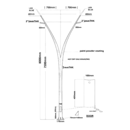 Double Arm Aluminum Street Lighting Pole 8 m Length, 3 mm Thickness, 1000 mm Base | 