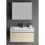 Single Basin Washbasin With Wooden Cabinet Pharmacy Mirror Light Wood Color, Size 80 cm