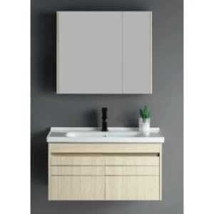 Single Basin Washbasin 80 cm Light Wood Color with Wooden Cabinet Pharmacy Mirror | Al Muhaidib Sanitary and Ceramic