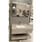 مغسلة ديكور رخام صناعي مع مراية ليد، لون رمادي فاتح، مقاس 80 سم، حوض واحد سيراميك