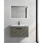 Decorative Wooden Washbasin, With Ceramic Basin and LED Mirror, Gray Color, Dimensions 80×47×46 cm