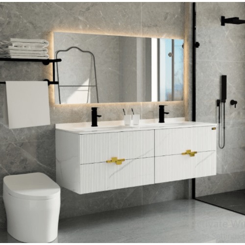 Wooden Cabinet Wash Basin Two Ceramic Basins LED Mirror 150×50×54 cm, Marbled White | Algafary Sanitary ware