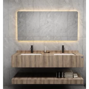 Double Artificial Marble Wash Basin 150 cm with LED Mirror Wooden Color | Algafary Sanitary ware
