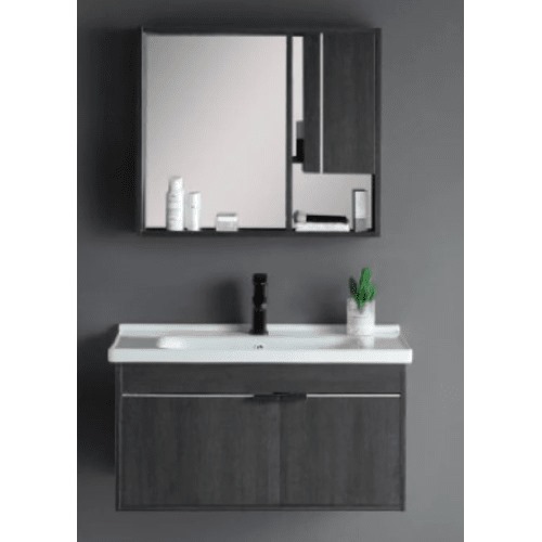 Hand Washbasin 80 cm Dark Grey with Wooden Cabinet and Pharmacy Mirror | Al Muhaidib Sanitary and Ceramic