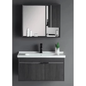 Hand Washbasin 80 cm Dark Grey with Wooden Cabinet and Pharmacy Mirror | Al Muhaidib Sanitary and Ceramic